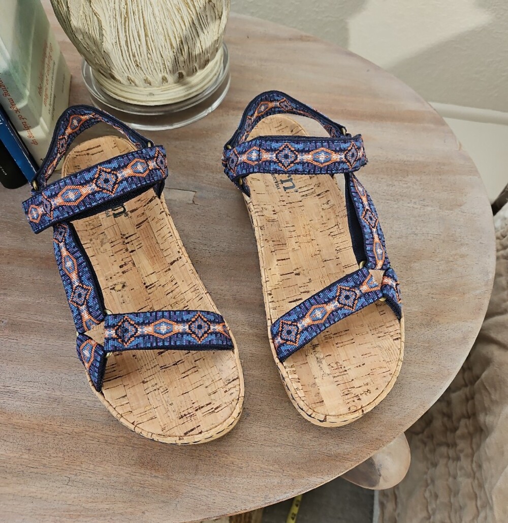 Born Womens Blue and Tan Patterned Cork Wedge Sandals - Picture 2 of 7